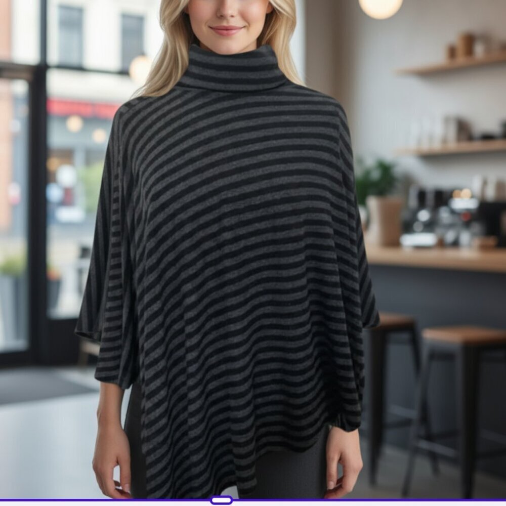 Soft Surroundings Presley Poncho Grey Black Stripes Asymmetrical One Size